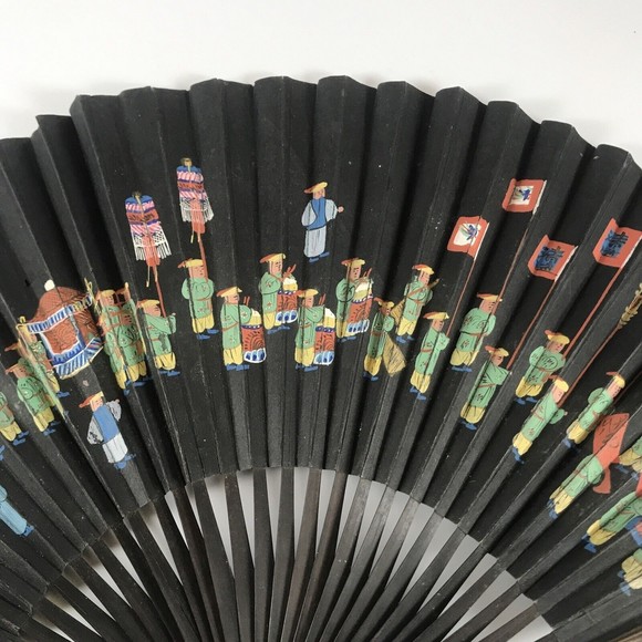 Vintage Asian Handheld Fan Band Parade Scene Black Hand Painted - Picture 3 of 10